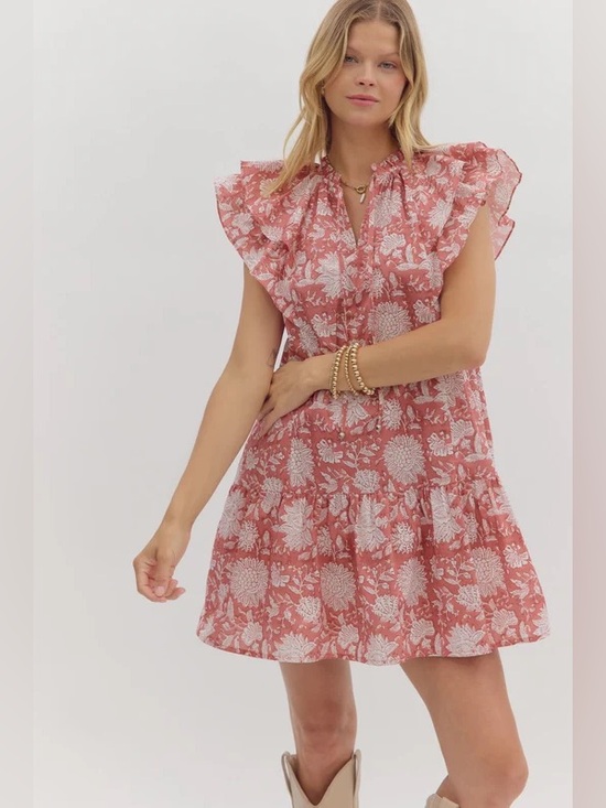 entro Dresses & Skirts - Entro Ruffle Sleeve Tiered Floral Pink Mini Dress with Pockets size Large